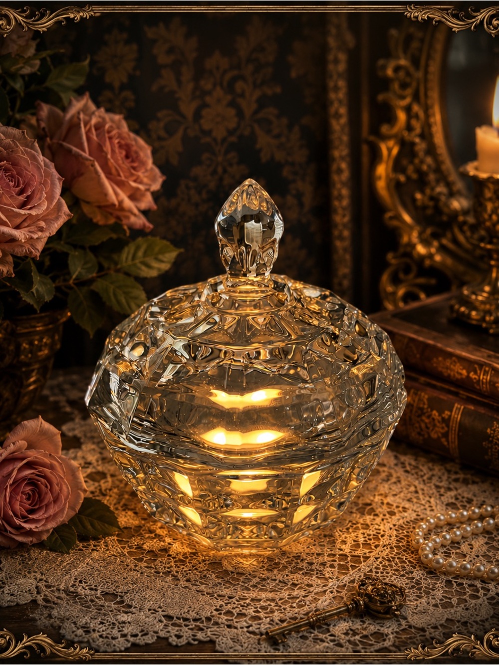 Vintage Pressed Glass Lidded Candy Dish Fairy Lamp | Faceted Crystal-Style Glass